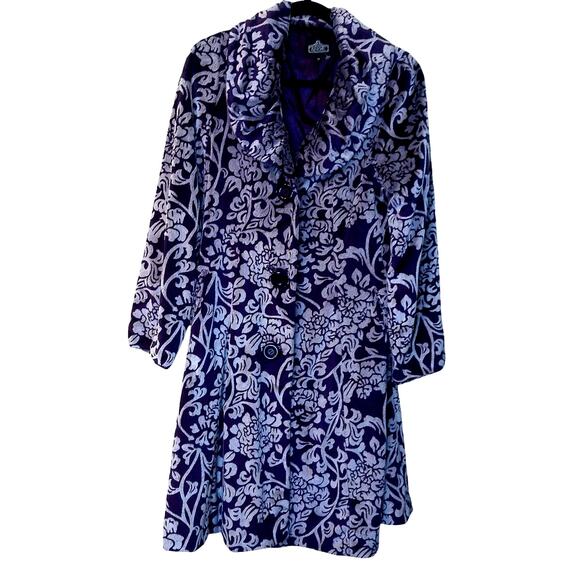 ANGIE Purple & Gray Boho Pleated Floral Retro Style Velour Peacoat Size M - Picture 1 of 8